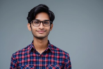 Studio shot of young Indian businessman wearing checkered shirt against gray background - obrazy, fototapety, plakaty