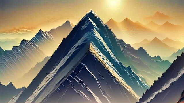 An artistic representation of a mountain range with a stylized geometric approach and warm sunrise hues, perfect for themes of travel and nature