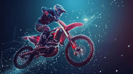 Abstract 3D Illustration of Jumping Motocross Rider on Blue with Dots, Lines, and Stars