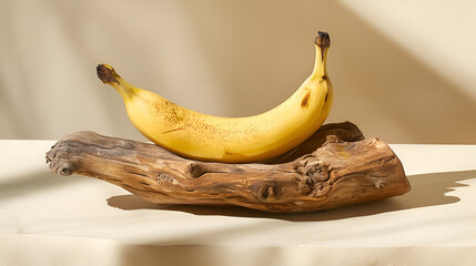 Product photography photo of banana on driftwood, Generative AI
