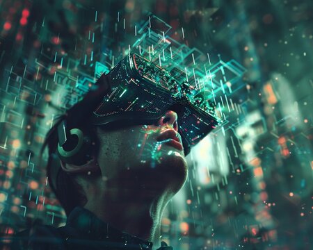a protagonist immersed in a virtual reality, surrounded by fragmented glowing data fragments representing manipulated thoughts