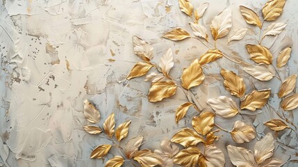 Abstract floral oil painting featuring stylish golden leaves on textured paper, perfect for prints, wallpapers, and home decor