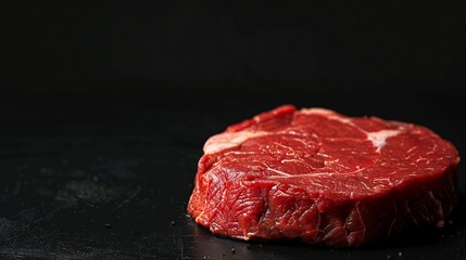 Raw dry aged bison beef rump steak piece and slices offered as close-up on black background with copy space. ai generative
