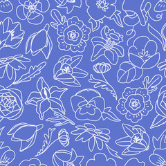 Vector outline spring blossoms seamless pattern. Stylized flower on blue background for fabric or wallpaper, wrapping paper, cover. Simple botany illustration on beige background