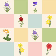Checkerboard seamless pattern with spring flowers. Simple and trendy vector garden illustration with pastel colors. Background for print, fabric, tablecloth, wrapping paper, wallpaper, textile, cover