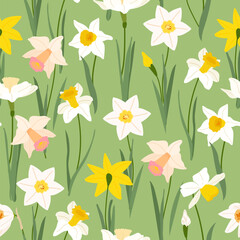 Yellow and white daffodils narcissus seamless pattern on green background. Beautiful spring flowers design for textile, postcards, wallpaper, wrapping paper. Vector illustration flat style
