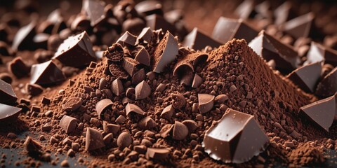 Chocolate Shards and Powder on Black. A pile of irregular-shaped chocolate chunks and cocoa powder...
