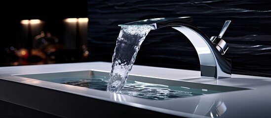 A waterfall faucet is elegantly pouring liquid into a bathroom sink, creating a serene and stylish ambiance. The fluid cascades gracefully, enhancing the overall fixture design - obrazy, fototapety, plakaty