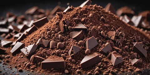 Chocolate Shards and Powder on Black. A pile of irregular-shaped chocolate chunks and cocoa powder sits on a black background. - obrazy, fototapety, plakaty