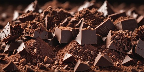 Chocolate Shards and Powder on Black. A pile of irregular-shaped chocolate chunks and cocoa powder sits on a black background.