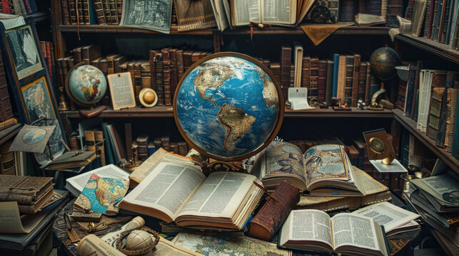 Globe of Possibilities: Capture an image of a globe surrounded by an array of open books, maps, and educational materials. Generative AI