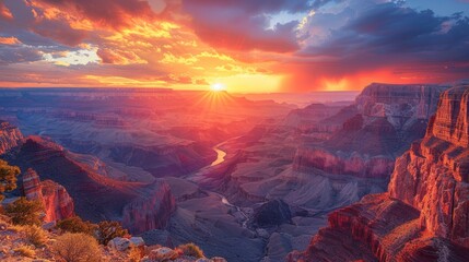 The sun sets over the grand canyon, painting the sky with vibrant colors
