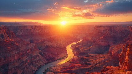 Spectacular sunset casting warm afterglow over river canyon - obrazy, fototapety, plakaty