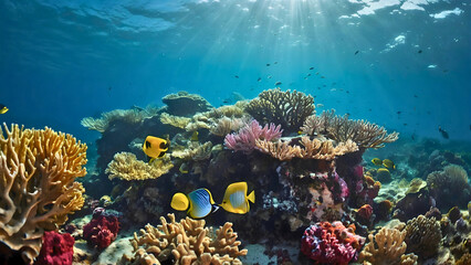 Fototapeta na wymiar Sea corals in their natural environment, with small yellow fish.