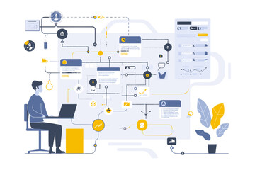 Visualizing the business process, turning complex procedures into clear workflow diagrams, team analyzing process map to identify bottlenecks and optimize flow.
