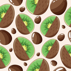 Easter seamless pattern with decorated eggs with juicy kiwi and brown eggs for holiday poster, textile or packaging	