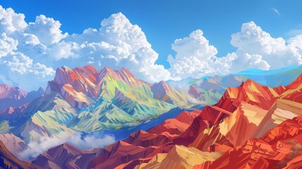 Colorful illustration of Zhangye Danxia Geopark mountains against beautiful clouds, digital art - obrazy, fototapety, plakaty