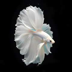 amazing pure whiter  Betta fish with long peach fuzz tail and fins posing against black background. close up. Digital artwork.  Ai generated - 765221789