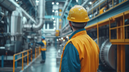 A focused engineer in a yellow hard hat surveys the machinery at a busy, high-tech industrial plant.