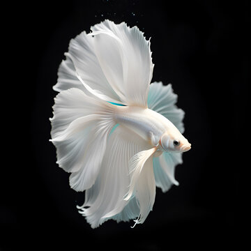 amazing pure whiter  Betta fish with long peach fuzz tail and fins posing against black background. close up. Digital artwork.  Ai generated