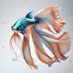 amazing fine art bright azure color Betta fish with long peach fuzz tail and fins posing against grey background. close up. Digital artwork.  Ai generated - 765221927