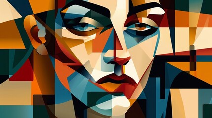 Dynamic Cubist Portrait with Fragmented Facial Features and Bold Geometric Shapes, Modern Art Illustration