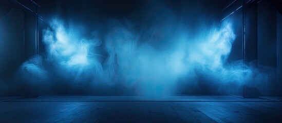 A dimly lit room with electric blue lights and smoke billowing from the ceiling, creating a calm atmosphere reminiscent of a mysterious landscape under a dark sky