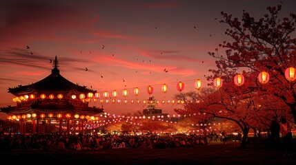 Lanterns illuminate the sky at dusk, hanging from trees in the background