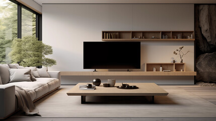 Plan sur un salon de couleurs claires et épurées, dans les tons blanc et beige. Sofa, télé, table. Décorations, lumières douces. Pour conception et création graphique.