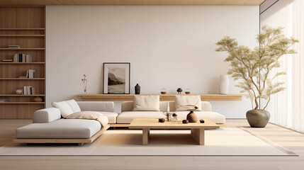 Plan sur un salon de couleurs claires et épurées, dans les tons blanc et beige. Sofa, télé, table. Décorations, lumières douces. Pour conception et création graphique.