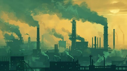 Obraz premium factory pollution with smoke stacks and smog, environmental concept illustration