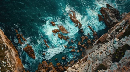 Foto op Plexiglas Aerial View of the Ocean Rocky Shore. Sea, Coastline, Breakwater, Landscape, Wallpaper, Background, Nature, Coastal, Drone, Land, Water, Coast, Rock, View  © Humam