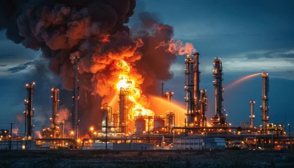 Papier Peint photo Lavable Feu A large oil refinery is on fire, with flames shooting into the sky