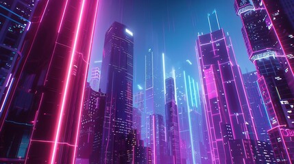 Futuristic Cityscape with Neon Lights and Holographic Skyscrapers, Cyberpunk Style, 3D Rendering