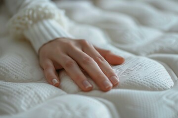 A woman's hand is resting on a white mattress