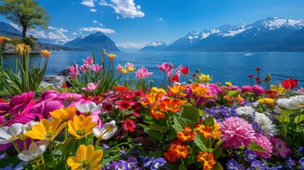 colorful tulips flowers on the lake with lake and snow mountain background