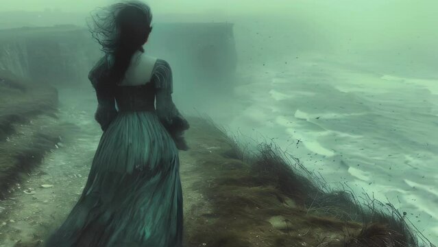 Solitary Woman in Vintage Dress Overlooking Misty Cliffs