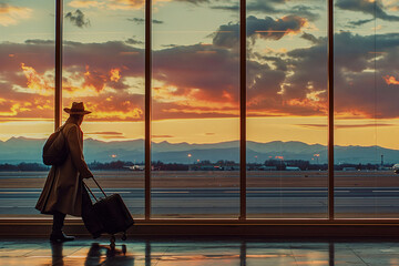 Man wearing cowboy hat waling in the airport