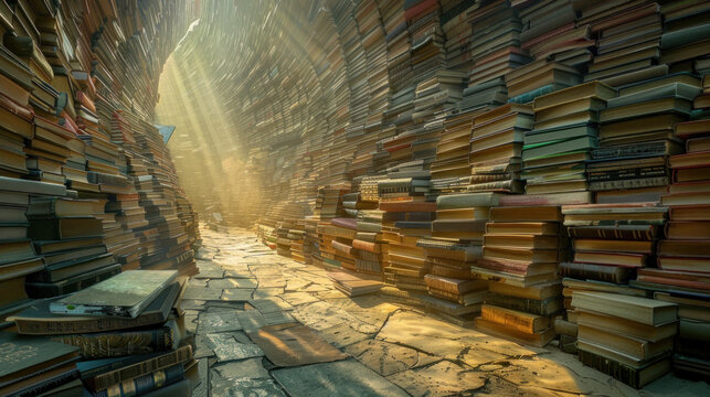 Path of Books: Capture an image of a winding path lined with towering stacks of books, symbolizing the journey of lifelong learning and discovery. Generative AI