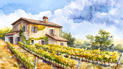 Fototapeta na wymiar Landscape with traditional stone house with stunning vineyard. Watercolor or aquarelle painting illustration. 