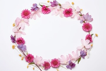 A delicate circular frame of mixed pink flowers and foliage against a clean white backdrop.