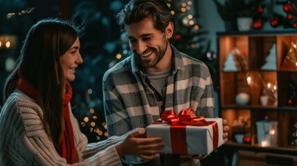 happy couple at christmas with christmas gifts