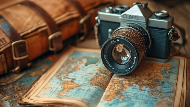 Vintage Camera on World Map with Leather Bag
