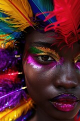 Portrait of a dark-skinned woman in a carnival costume. colored feathers. Colorful makeup. Holiday