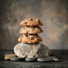 Fototapeta na wymiar Stack of homemade chocolate chip cookies on a stone pedestal. Artful presentation of chocolate chip cookies on a rustic stone. Gourmet cookies artistically arranged in a natural setting.
