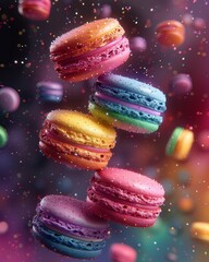 Colorful macarons in mid-air with a sparkling effect. Floating dessert macarons with a vivid background. Levitating macarons with a glittery sprinkle against a dynamic backdrop.