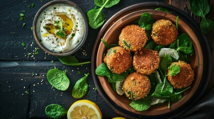 Golden falafel balls with tahini sauce on fresh spinach. Middle Eastern falafel on a bed of greens with creamy sauce. Crispy chickpea falafel served with tahini dip and spinach.