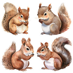 Watercolor illustration set of squirrels