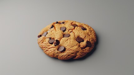 Perfectly baked chocolate chip cookie on a minimalist background. Crisp and delicious chocolate chip cookie, ideal for a sweet treat. A classic homemade chocolate chip cookie in natural light.