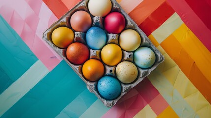 Artistic Easter eggs in carton against a gradient color background. Gradient backdrop showcasing a variety of colorful Easter eggs.